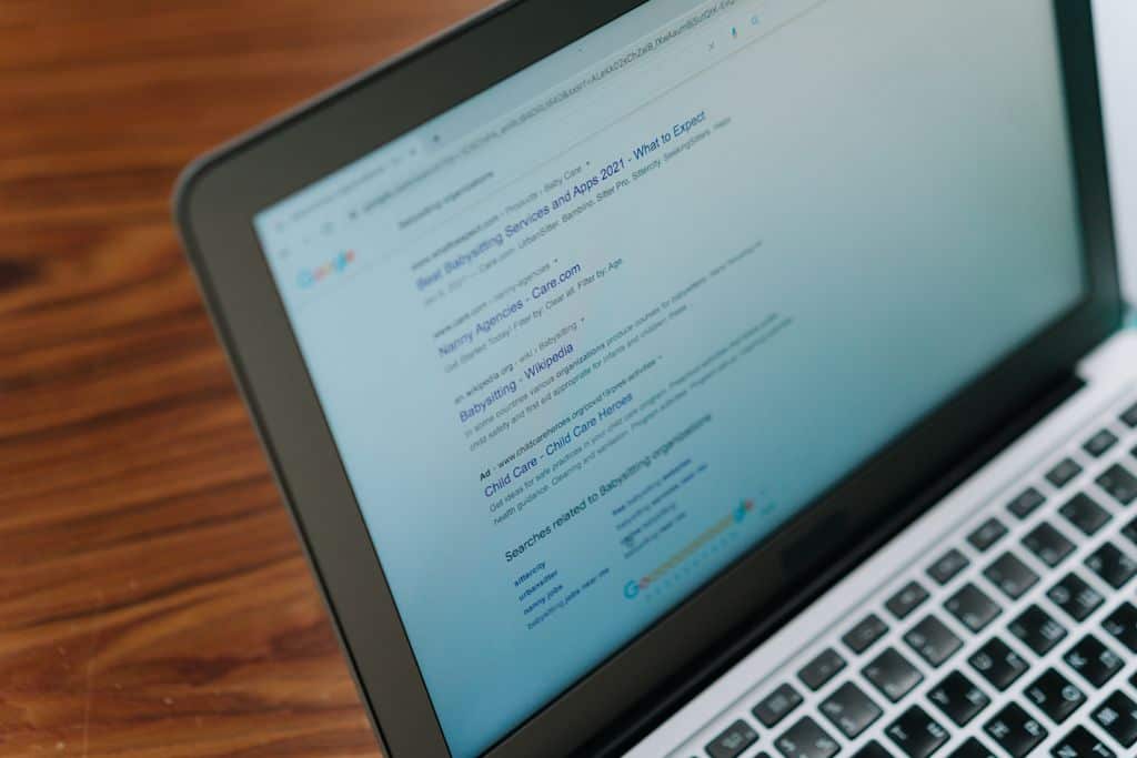 A close-up view of a laptop displaying a search engine results page or SERP as we like to call it. And it's on our privacy policy page.