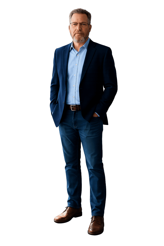 Cecil Helton in blue jacket, blue shirt and blue jeans and brown shoes.