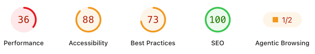 Lighthouse scores - mobile - for the website in question. Performance, 36. Accessibilty 88. Best practices 73. SEO 100. Agentic browsing 1/2.